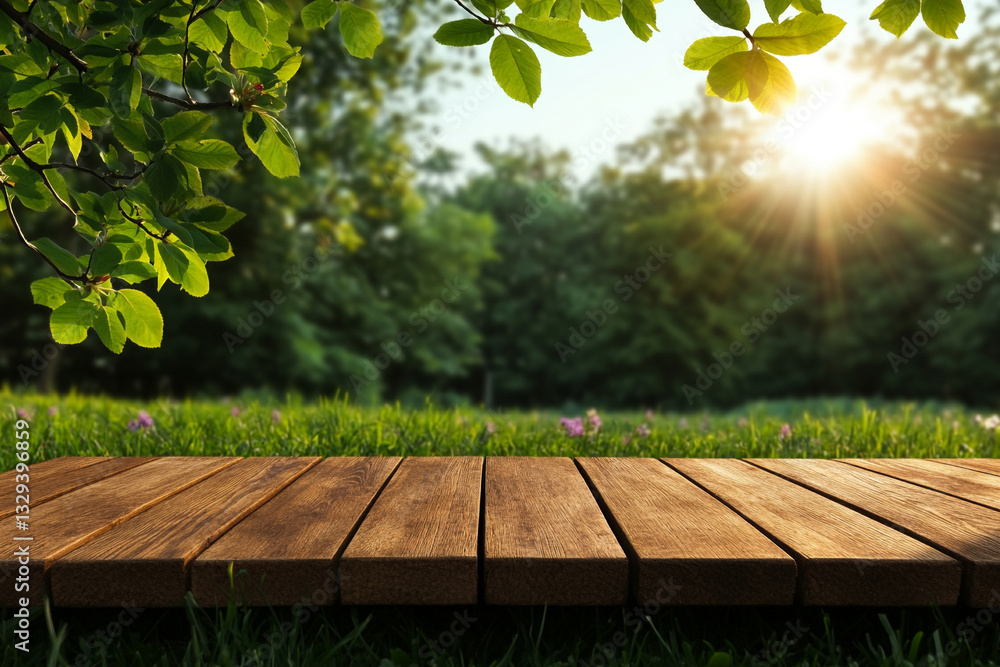 Aufkleber empty wooden table top with a blurred green park background for product display presentation