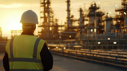 Worker in Safety Vest Observing Industrial Plant at Sunset