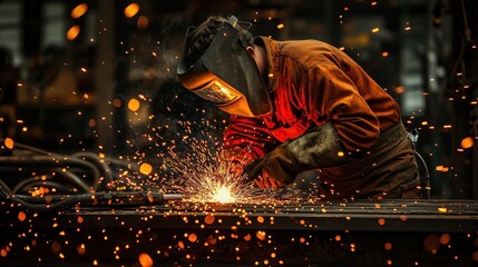 Welder in Action Creating Sparks in Industrial Metal Workshop