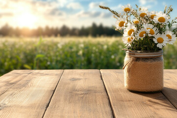 Fototapeta premium empty wooden table top with a blurred background of a green field and blue sky
