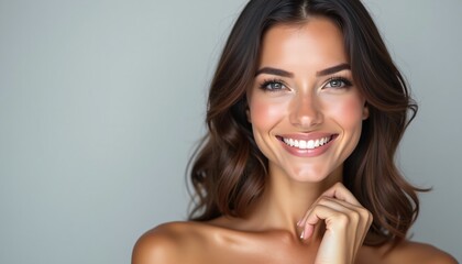 Portrait beautiful brunette model woman with white teeth smile, healthy long hair and beauty skin on grey background. Concept of advertising dentist and facial care.
