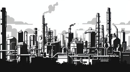 Black and White Silhouette of Industrial Factory Landscape