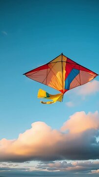 A kite flying high in the sky, with clouds moving in the background