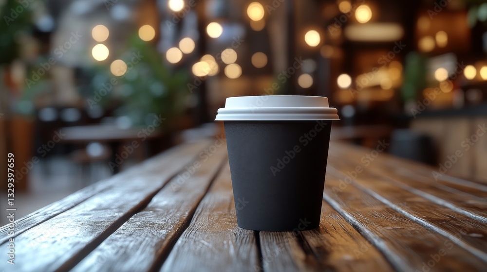 Poster a black coffee cup sits on a rustic wooden table in a cozy cafe. ambient lighting and plants create 