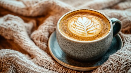 Cozy Coffee Break: A cup of latte with latte art on a soft blanket, creating a warm and inviting scene