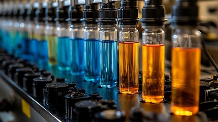 Factory Production Line Automated Bottling Bright Blue Orange Liquids