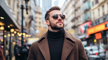 Stylish Man in Sunglasses Walking on a Urban Street in Fall