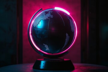 Futuristic neon-illuminated globe with digital world map