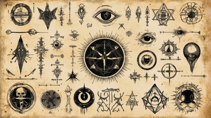 Vintage occult symbols and mystic designs collection on aged paper