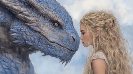 Young Woman and Blue Dragon in Close Encounter