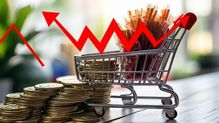 Shopping cart filled with colorful candies on a table surrounded by stacked coins and an upward trend graph