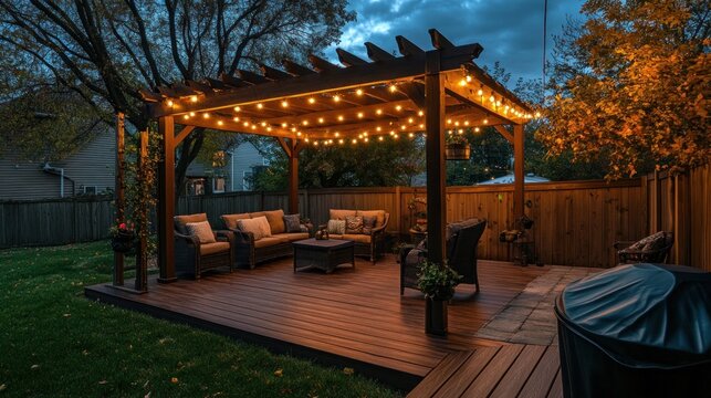 Evening Serenity: Backyard Oasis with Illuminated Pergola