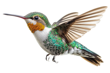 Colorful hummingbird in mid flight with open wings