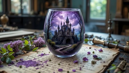 Crystal Citadel: Gothic Castle in Glass, Surrounded by Magical Relics, Enchanted Texts, and a Candlelit Study&rsquo;s Glow.