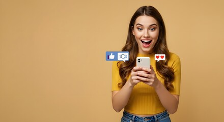 Excited young woman reacts to viral social media post on her phone