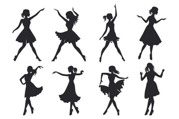 Obraz premium Dancing Women black silhouettes, Vector silhouettes of girls dancing in different positions high quality silhouettes isolated on white background