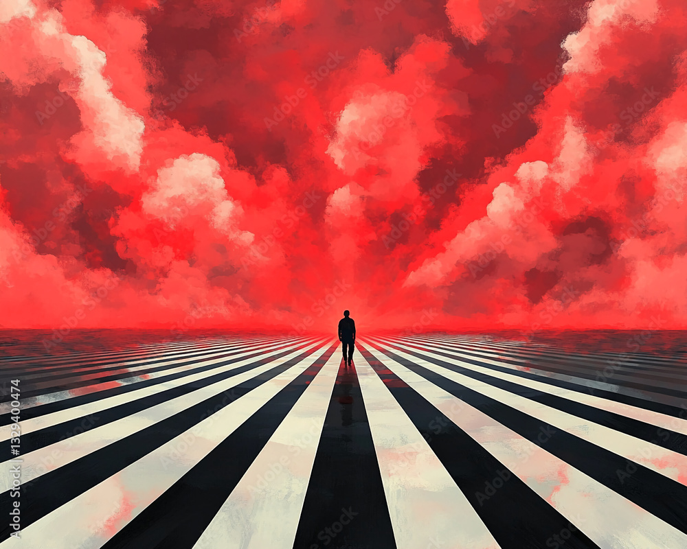 Poster silhouette of person walking on black and white striped path towards red sky, creating a sense of jo