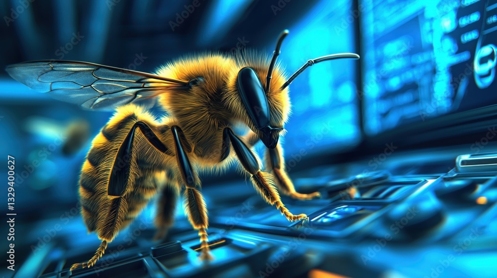 Poster high-tech monitoring room with a bee interacting with advanced control systems and equipment