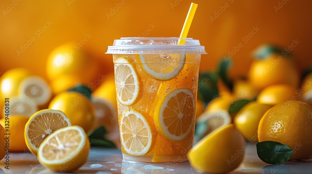 Aufkleber a clear cup filled with lemonade showcases vibrant lemon slices and ice, placed among scattered whol