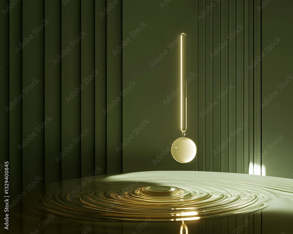 Poster Golden liquid drop falling into a pool, creating concentric ripples on a green surface.  Showcase of fluidity and elegant simplicity, ideal for luxury or beauty product display