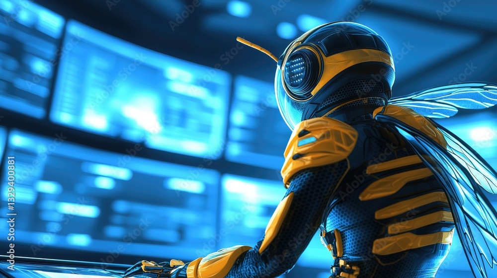 Poster futuristic bee in high-tech control room engaging with advanced monitoring systems