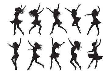 Dancing Women black silhouettes, Vector silhouettes of girls dancing in different positions high quality silhouettes isolated on white background © RK-DESIGNER