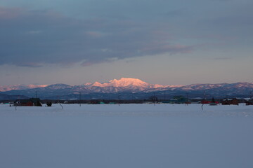 雪に覆われた田園地域より望む、赤く染まる夕張岳