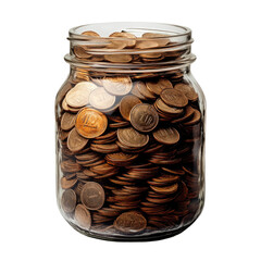 Jar filled with coins stacked high displaying various denominations isolated on transparent background, cutout png