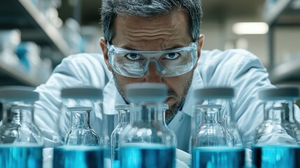 Fototapeta premium Researcher in Lab Focusing on Blue Liquid in Glass Vials