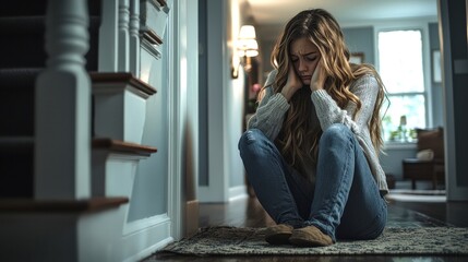 Fototapeta premium Emotional Young Woman Sitting on Floor in Quiet Home Environment