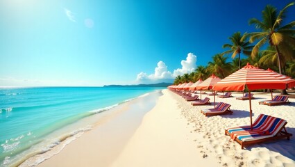 Fototapeta premium a perfect tropical beach with sun umbrellas and lounge chairs, turquoise water, and palm trees under a bright blue sky.
