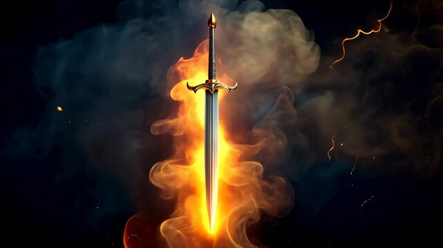 A fiery sword engulfed in blaze with smoke surrounding 4K