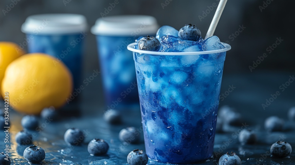 Aufkleber a delicious blue drink filled with ice and topped with fresh blueberries sits in a clear cup. orange