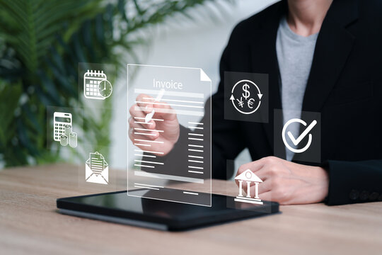 E-invoice and online digital statements technology concept, Businesswomen send digital invoices, timeline invoices, E-tax digital receipts, streamlining billing and payment processes Modern style
