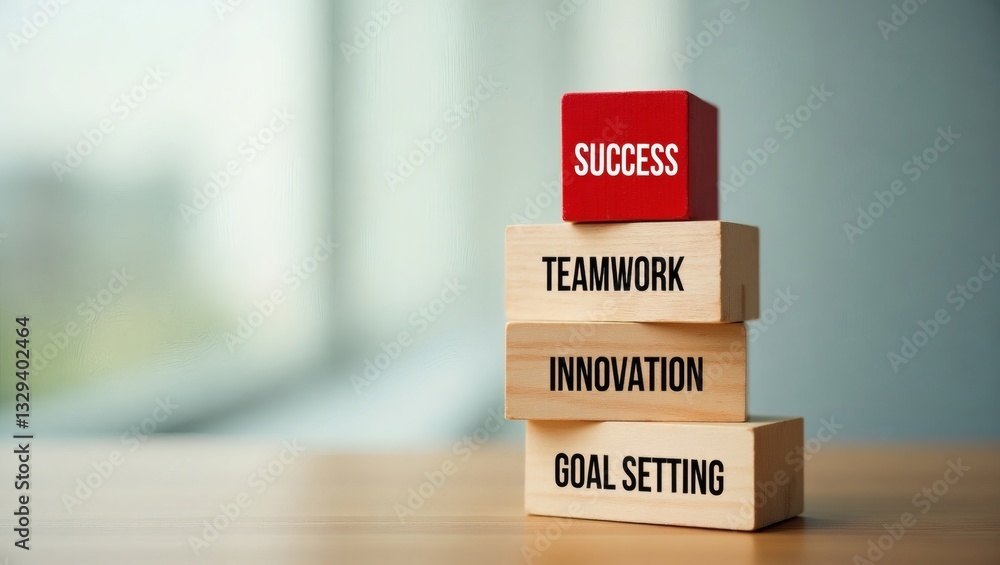 Aufkleber a stack of wooden blocks spelling out key business concepts like success, teamwork, innovation, and 