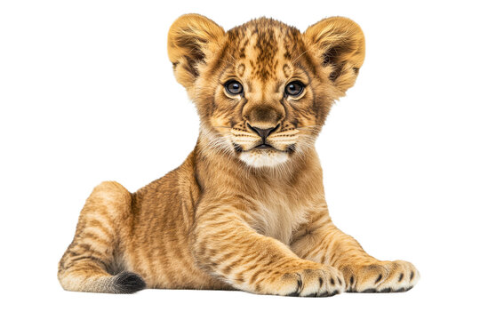 Adorable lion cub resting peacefully on a soft surface