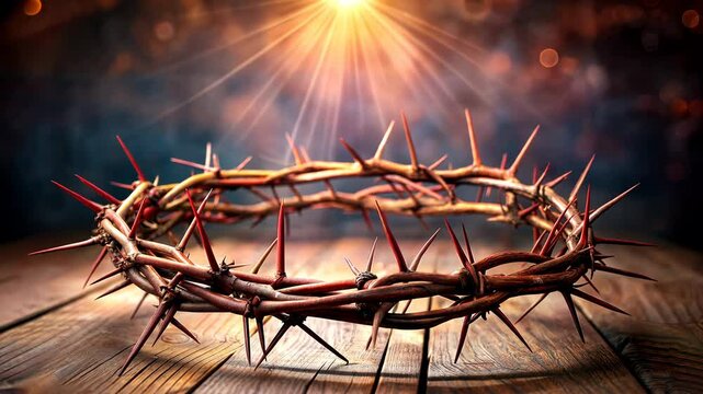Crown of thorns of our Savior Jesus Christ on aged wood 4K
