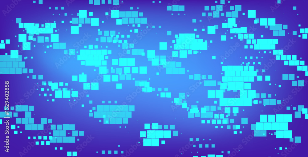 Fototapete Digital abstract background featuring a pattern of blue and turquoise squares of varying sizes, scattered across a dark blue backdrop. Cover for technology and digital-themed designs.