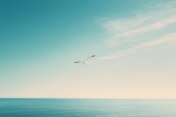 Obraz premium A lone seagull gracefully soars over the tranquil ocean against a pastel sky, embodying freedom and serenity.