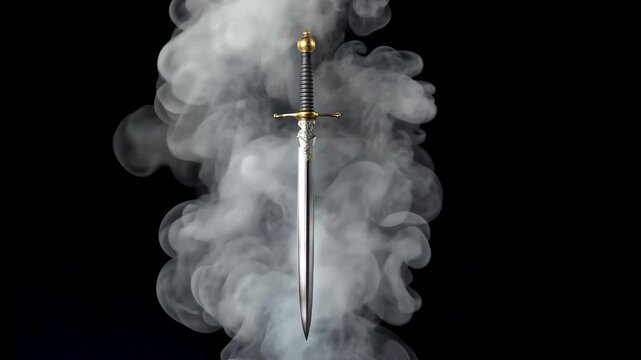 A medieval sword surrounded by smoke and steam 4K