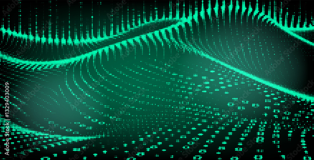 Fototapete Dynamic green abstract design featuring flowing, wavy patterns with a futuristic, digital feel. The image creates a sense of movement and depth with its pixelated elements.