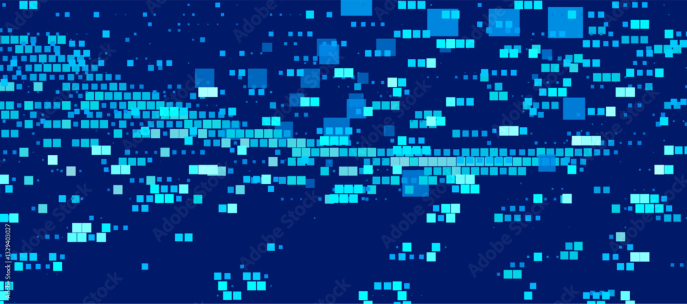 Poster Digital abstract background featuring a pattern of blue and turquoise squares of varying sizes, scattered across a dark blue backdrop. Cover for technology and digital-themed designs.