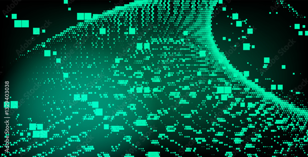 Fototapete Dynamic green abstract design featuring flowing, wavy patterns with a futuristic, digital feel. The image creates a sense of movement and depth with its pixelated elements.