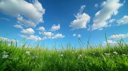 Fototapeta premium Fresh green grass field meets a bright blue sky