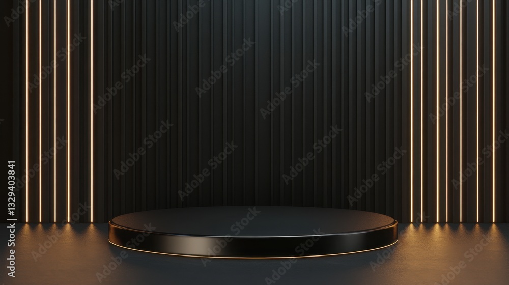 Poster minimalist round display platform on dark stage with glowing vertical stripes. presentation template