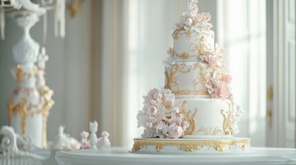 Beautifully detailed photo of rococo cake in elegant setting: multi-tiered with intricate designs, pastel colors, sugar flowers, gold leaf, and delicate piping.