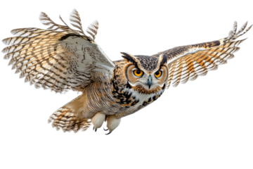 Owl in flight with wings fully spread and keen eyes