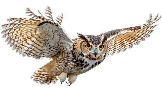 Owl in flight with wings fully spread and keen eyes