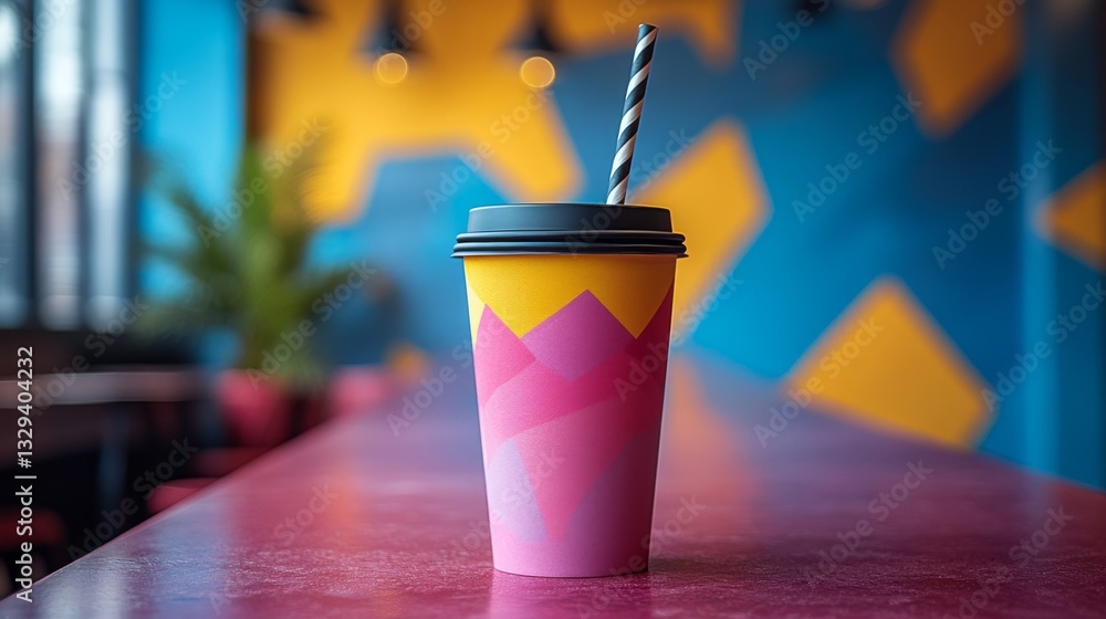 Aufkleber a takeout cup with a bright, geometric design rests on a pink table surface in a modern cafe. the co