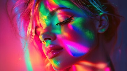 Colorful Portrait of Woman with Neon Lights and Artistic Shadows